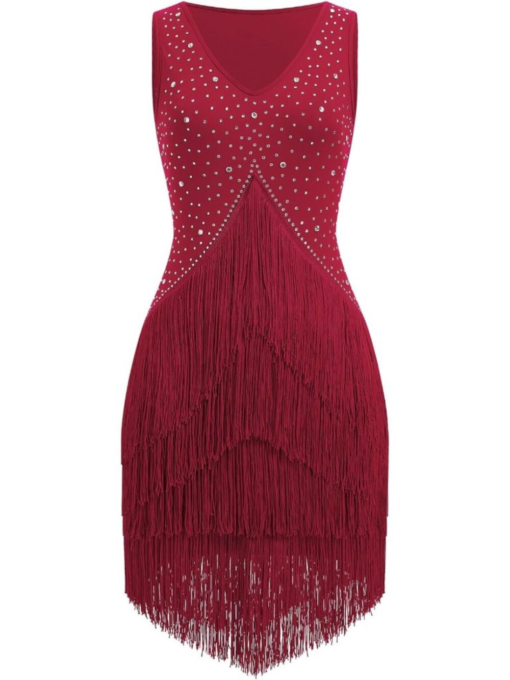 Burgundy Rhinestone Fringe Tiered Latin Ballroom Dance Dress Flapper Sz M-L